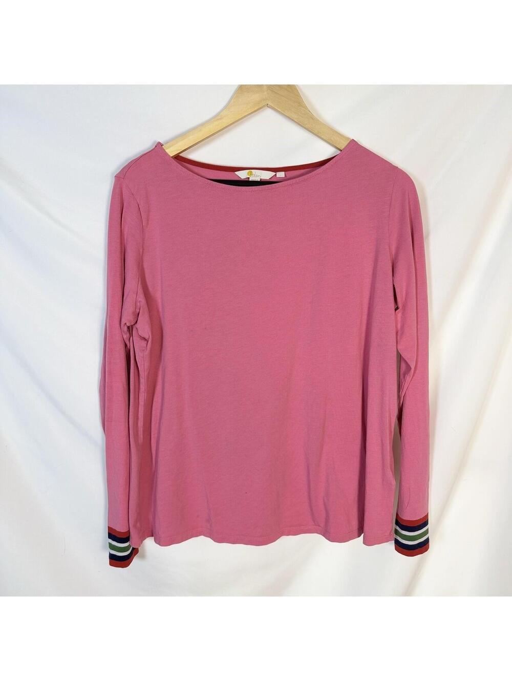 Boden Ella Breton Top Shirt Pink Striped Cuff Long Sleeve Boat Neck Large